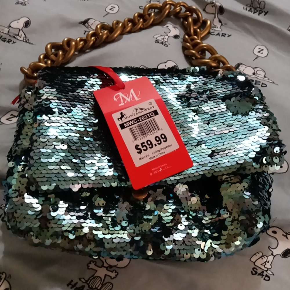 Montana West Green and Gold Shoulder Bag with Flip Sequins